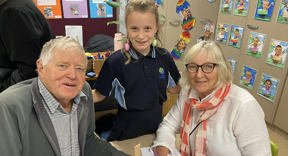 A photos of a St John's Lutheran Primary School Portland student with her grandparents at Easter 2025 celebrations.