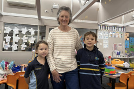A photos of a St John’s Lutheran Primary School Portland student with her grandparents at Easter 2025 celebrations.