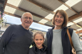 A photos of a St John’s Lutheran Primary School Portland student with her grandparents at Easter 2025 celebrations.